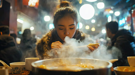 A female tourist enjoying a traditional mala spicy hot pot in a bustling Chongqing restaurant, savoring the flavors of Sichuan cuisine. The steam rises as she eatsの素材