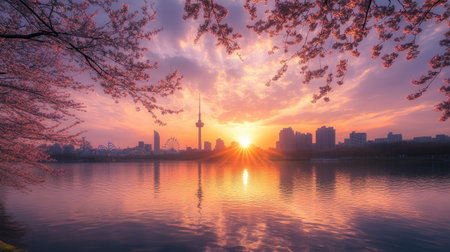 A peaceful morning at Seokchon Lake with cherry blossoms in full bloom, Lotte Worldaes attractions silhouetted against the rising sun, a serene spring momentの素材