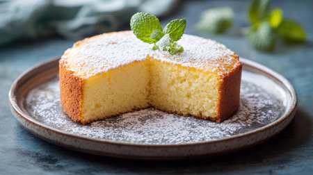 A light and fluffy Thai sponge cake on a ceramic plate, with a sprinkle of powdered sugar and a garnish of fresh mint, perfect for a sweet treatの素材