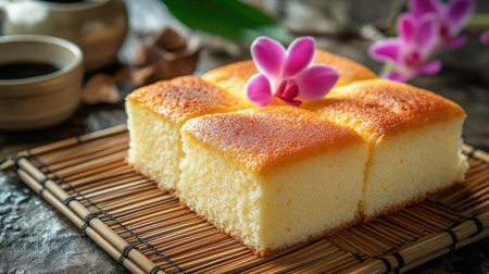 A freshly baked Thai sponge cake with a soft, fluffy interior and golden top, displayed on a bamboo mat, perfect for a traditional Thai dessert presentationの素材