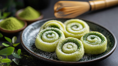 A plate of matcha cromboloni, their spiral shapes and flaky layers dusted with sugar, with a backdrop of green tea leaves and a bamboo whiskの素材