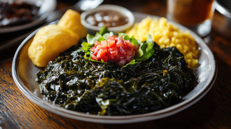 A plate of Southern-style collard greens, dark and nutrient-rich, served with traditional sides, highlighting the deep greens and hearty textures, perfect for a classic Southern meal,の素材