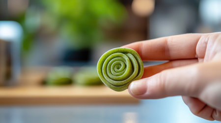 A hand reaching for a matcha cromboloni, its spiral shape and green hue standing out, with a blurred background of a modern, minimalist kitchenの素材