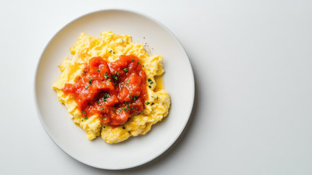 A plate of scrambled eggs covered with savory tomato sauce, set against a white background, photographed from above for a clean and inviting food presentation,の素材