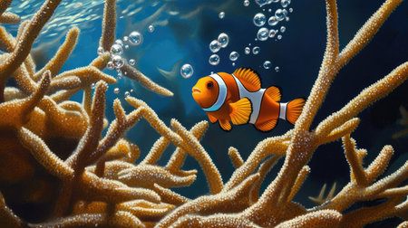 A pair of Nemo fish playing hide and seek among the branches of unspoiled coral, with tiny bubbles rising in the crystal-clear waters below sea levelの素材