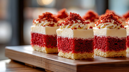 A row of red velvet cromboloni, each topped with cream cheese frosting and red biscuit crumbs, displayed on a wooden board with a blurred window backdropの素材