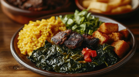 A plate of Southern-style collard greens, dark and nutrient-rich, served with traditional sides, highlighting the deep greens and hearty textures, perfect for a classic Southern meal,の素材