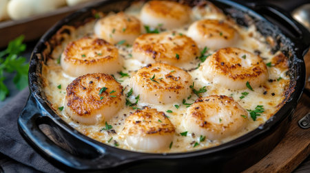 A serving of scallop cream gratin in a baking dish, featuring tender scallops in a rich, creamy sauce topped with crispy cheese, perfect for a gourmet dinnerの素材