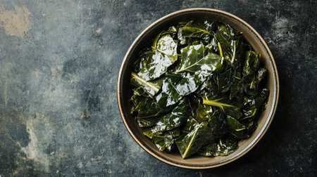 A plate of organic collard greens cooked with ginger and pepper, photographed from above, highlighting the simplicity and healthiness of this homemade vegetable dish,の素材