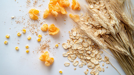 A detailed view of loose oats, corn flakes, and wheat stems on a clean white surface, showcasing the texture and freshness of breakfast cerealsの素材