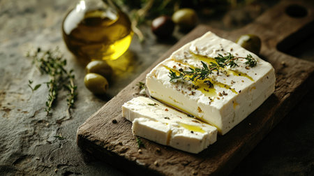 A rustic breakfast setting featuring sliced feta cheese with herbs, olive oil, and a few olives on a stone background, with a close-up on texture and freshnessの素材