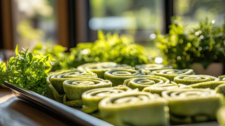 A row of matcha cromboloni, each with a distinct spiral pattern, displayed on a baking tray with a blurred background of a sunny window and fresh herbsの素材