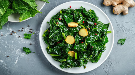A flat lay shot of freshly cooked collard greens with sliced ginger and pepper, served on a white plate, emphasizing the freshness and organic appeal of this homemade dish,の素材