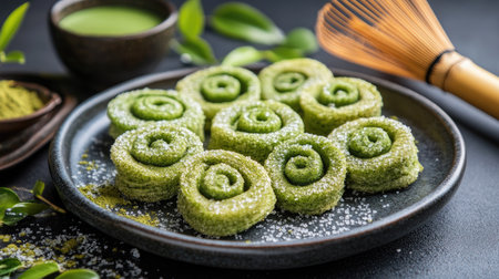 A plate of matcha cromboloni, their spiral shapes and flaky layers dusted with sugar, with a backdrop of green tea leaves and a bamboo whiskの素材