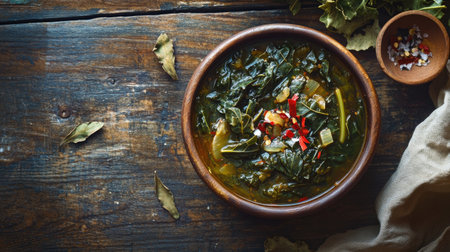 A rustic bowl of dark, leafy collard greens, rich in nutrients, cooked slowly in true Southern style, capturing the warmth and heartiness of this traditional dish,の素材