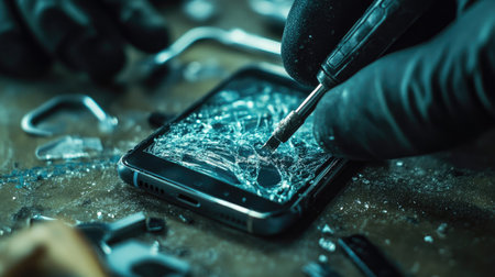 Close-up of a cracked phone screen being removed with specialized tools, showing the careful process of mobile phone repairの素材