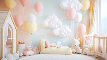 Dreamy children's room with pastel-colored balloons, white paper clouds hanging from the ceiling, and a mix of plush toys and books creating a cozy, inviting space.の素材