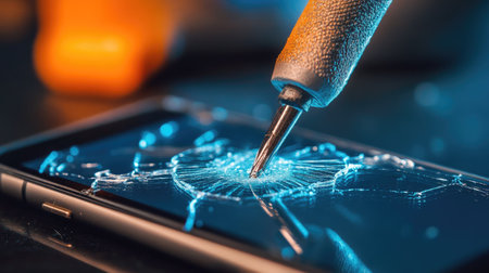 Close-up of a cracked phone screen being removed with specialized tools, showing the careful process of mobile phone repairの素材