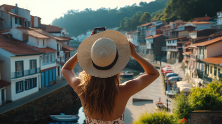 Brunette woman walking towards Cudillero, sun hat shielding her from the sun, snapping photos of the quaint fishing village, joyful and carefreeの素材