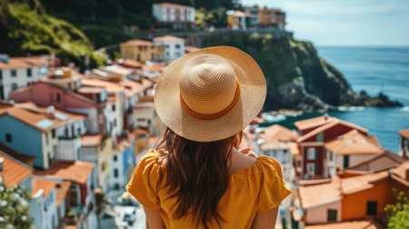 Brunette woman with a sun hat strolling towards Cudillero, capturing the beauty of the colorful fishing village, enjoying the sunny day, coastal scenery in the backgroundの素材