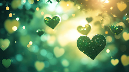 Cute and lively green heart bokeh with glittering sparkles, forming a fresh and joyful background.の素材