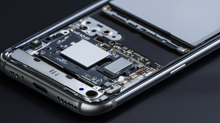Close-up of the internal components of a smartphone being reassembled, highlighting the meticulous attention to detail in phone repairsの素材