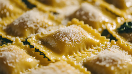 Closeup of golden ravioli filled with spinach and ricotta, finished with a sprinkle of parmesan, perfect for showcasing the delicate textures and flavors of this dish,の素材
