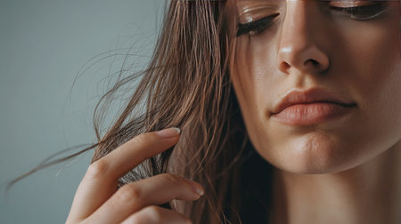 Close-up of a woman holding loose hair, examining it closely, hair loss concept, focus on the strands in her hand and her worried expressionの素材