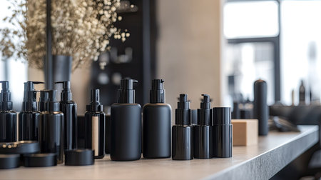 Different hair sprays and salon accessories on a table, ready for a styling session in a modern, well-lit beauty salon.の素材