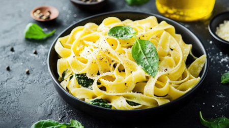 Delicious homemade tagliatelle pasta with spinach and Parmesan, topped with black pepper, beautifully arranged for a Mediterranean diet-themed menu.の素材