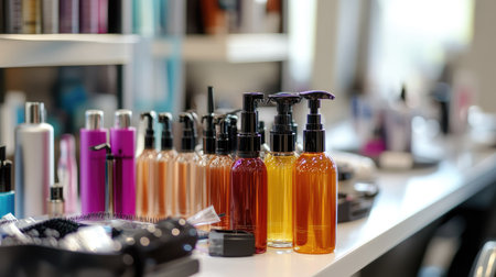 Different hair sprays and salon accessories on a table, ready for a styling session in a modern, well-lit beauty salon.の素材