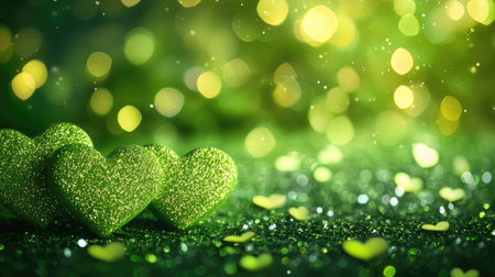 Cute green hearts with bokeh and glitter, creating a fresh and lively background filled with sparkle.の素材
