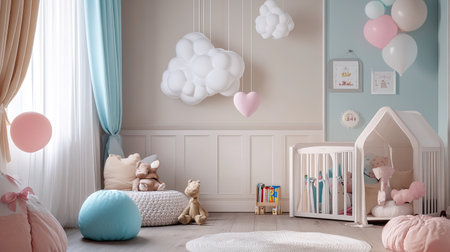 Dreamy children's room with pastel-colored balloons, white paper clouds hanging from the ceiling, and a mix of plush toys and books creating a cozy, inviting space.の素材