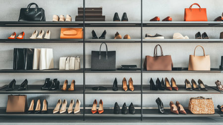Fashionable women's shoes, dresses, and handbags arranged on a stylish shelving unit, creating a modern, organized fashion display.の素材