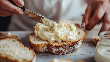 Detailed view of mayonnaise being spread on bread by a woman at a grey table, knife in focus.の素材