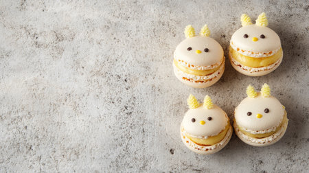 Cute chick macarons with vanilla cream and lemon curd filling, on a concrete surface with plenty of copy space for creative designs.の素材