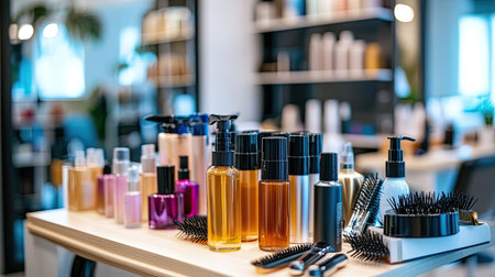 Different hair sprays and salon accessories like brushes and clips displayed on a table in a well-lit beauty salon.の素材