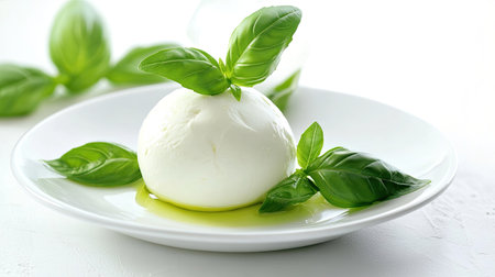 A fresh ball of mozzarella cheese on a white plate, garnished with vibrant green basil leaves, set against a clean white background, showcasing simplicity and eleganceの素材