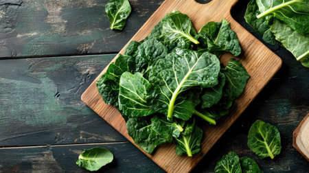 A flat lay of collard greens being prepared on a wooden board, highlighting the dark, leafy texture and nutrient density, perfect for a Southern cooking scene,の素材