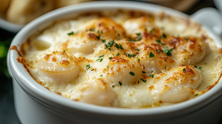 A serving of scallop cream gratin with a bubbling cheese topping and a creamy interior, served in a white dish, a warm and delicious seafood entreeの素材