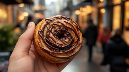 A hand holding a New York Roll, a round croissant filled with creamy chocolate, drizzled with dark chocolate, with a blurred cafe background in New York Cityの素材