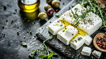 A rustic breakfast setting featuring sliced feta cheese with herbs, olive oil, and a few olives on a stone background, with a close-up on texture and freshnessの素材