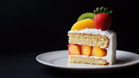A white plate holding a coconut cake slice with a topping of peach, kiwi, and strawberry, isolated against a dark black background for visual impactの素材