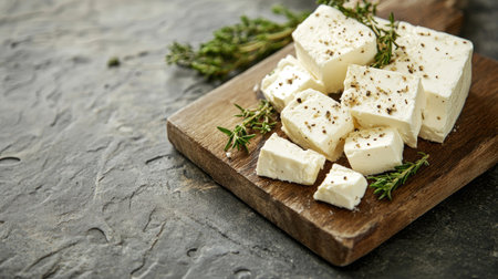 A small serving board with slices of feta cheese, garnished with rosemary and thyme, set against a textured stone background, perfect for a Mediterranean breakfastの素材