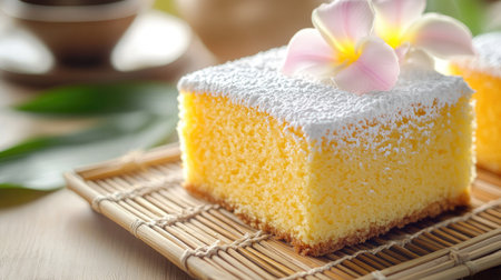 A traditional Thai sponge cake with a fluffy interior, displayed on a woven bamboo mat, capturing the essence of this beloved dessertの素材
