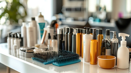 Assorted hair sprays, brushes, and clips on a neatly arranged table in a bright and modern beauty salon.の素材