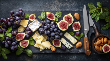 An artistic arrangement of various cheese slices with clusters of grapes, fresh figs, whole almonds, and mint leaves, alongside cheese knives on a slate boardの素材