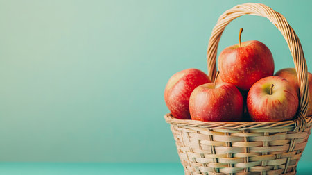 Apples in a bamboo basket placed on a pastel background, promoting their natural benefits for reducing dark circles.の素材