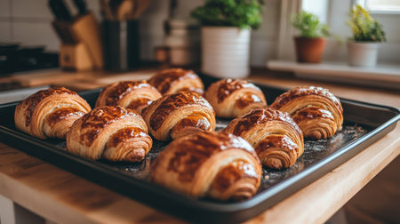 A tray of freshly baked New York Roll croissants, round with a chocolate filling and glaze, being served in a cozy kitchen setting, with soft morning lightの素材