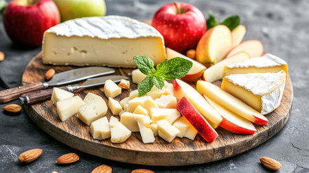 A vibrant cheese board featuring a selection of sliced cheeses, fresh apple slices, almonds, and a sprig of mint, with cheese knives in a rustic kitchen settingの素材
